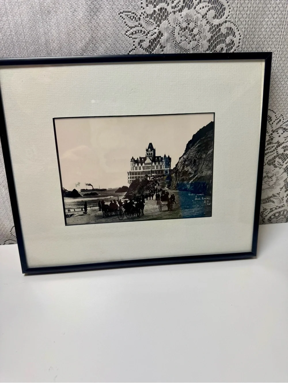 Vintage San Francisco Cliff House Seal Rocks Framed Sepia Photo Print Historic